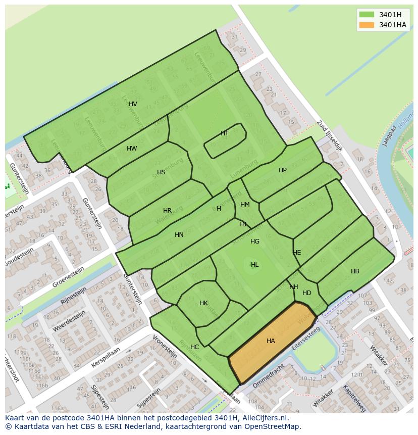 Afbeelding van het postcodegebied 3401 HA op de kaart.