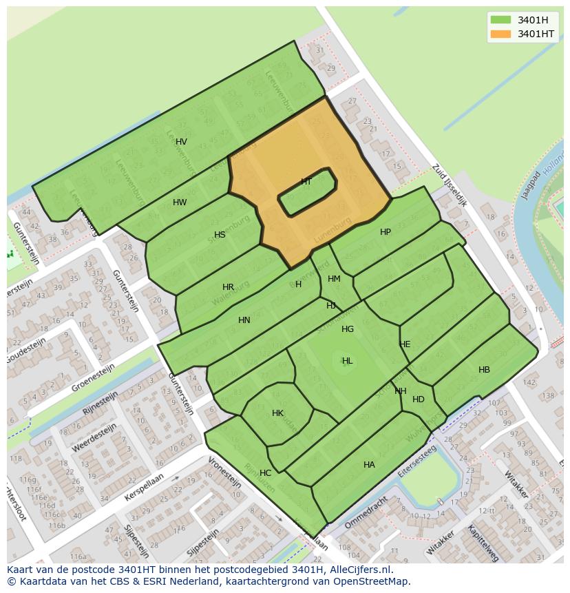 Afbeelding van het postcodegebied 3401 HT op de kaart.