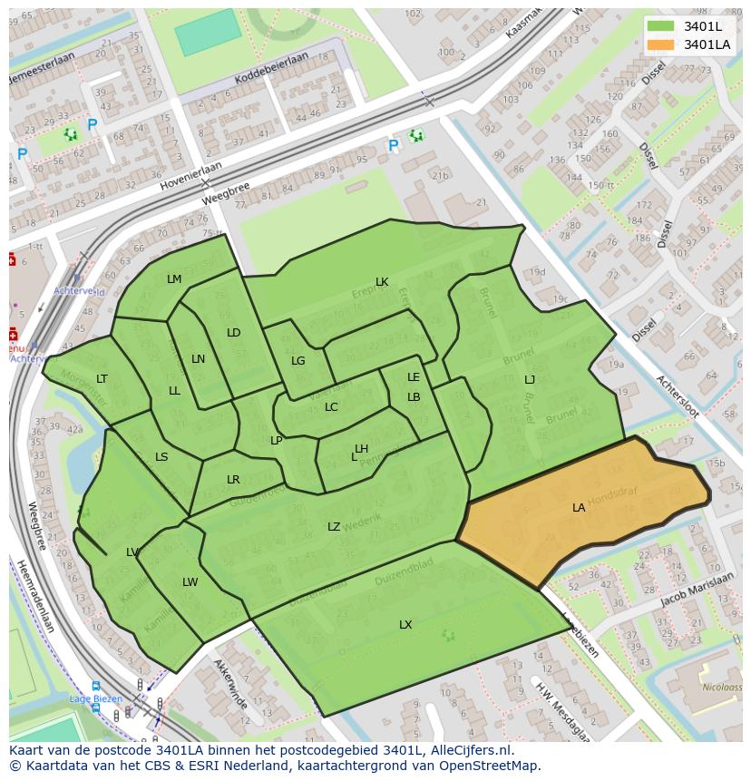 Afbeelding van het postcodegebied 3401 LA op de kaart.