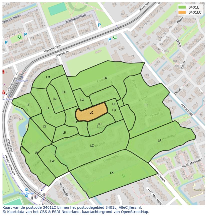 Afbeelding van het postcodegebied 3401 LC op de kaart.