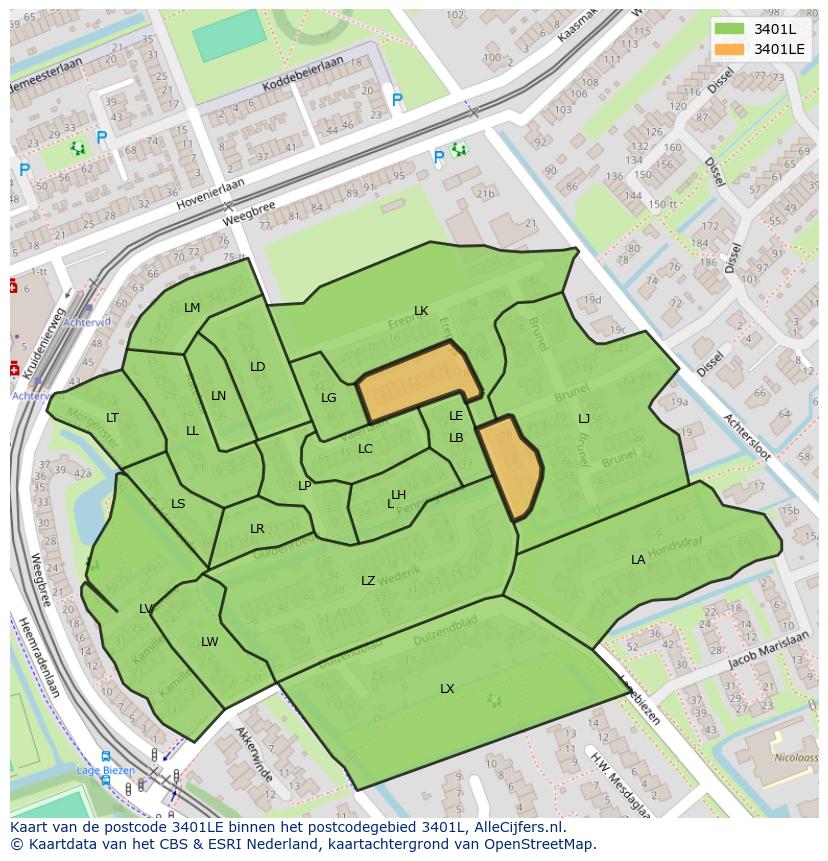 Afbeelding van het postcodegebied 3401 LE op de kaart.