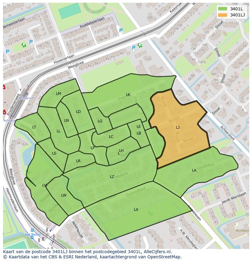 Afbeelding van het postcodegebied 3401 LJ op de kaart.