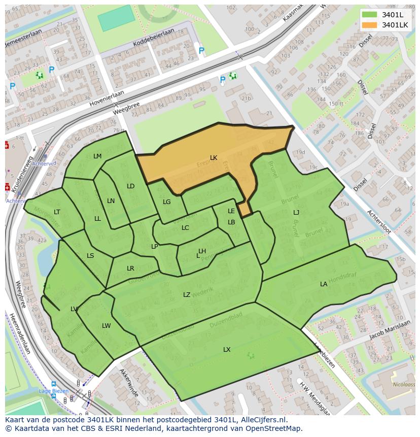 Afbeelding van het postcodegebied 3401 LK op de kaart.