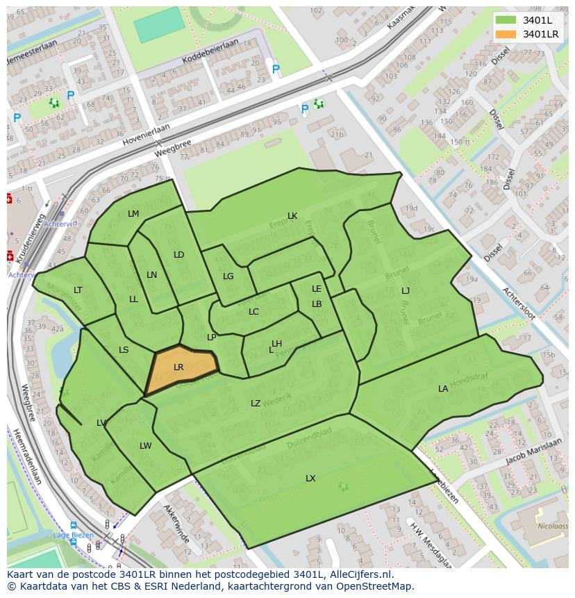 Afbeelding van het postcodegebied 3401 LR op de kaart.