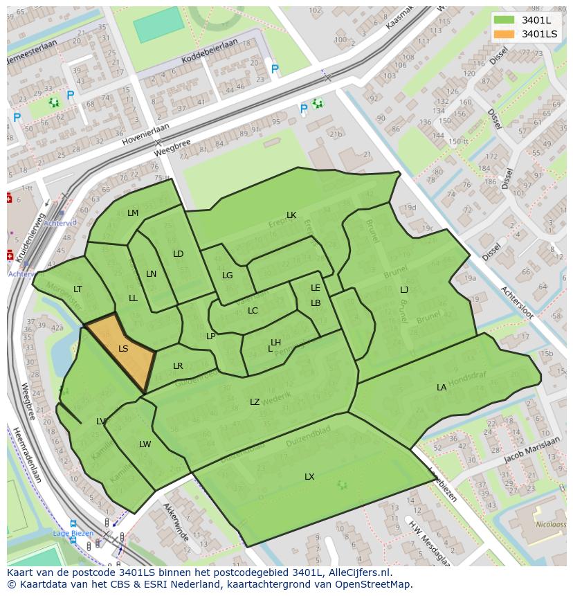 Afbeelding van het postcodegebied 3401 LS op de kaart.