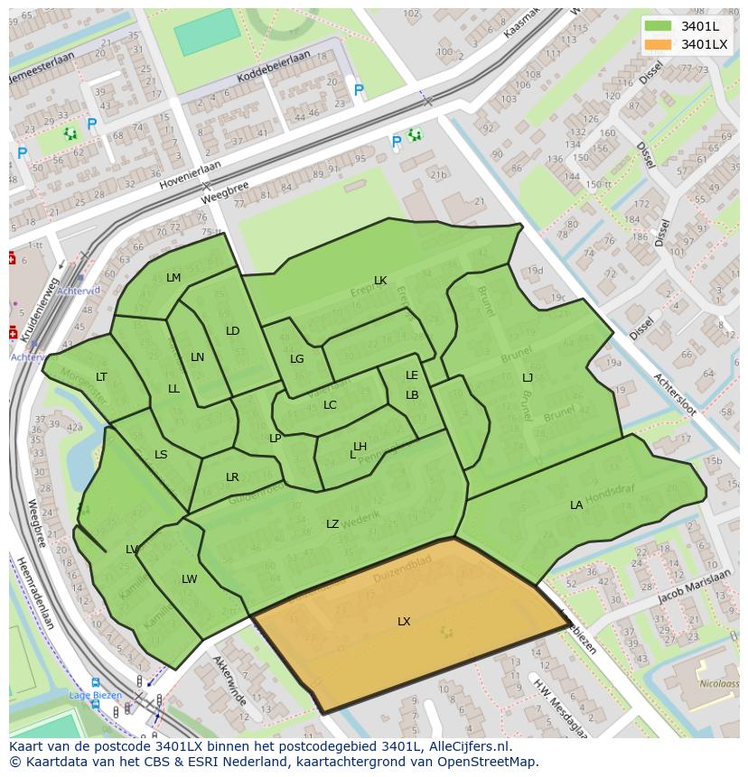 Afbeelding van het postcodegebied 3401 LX op de kaart.