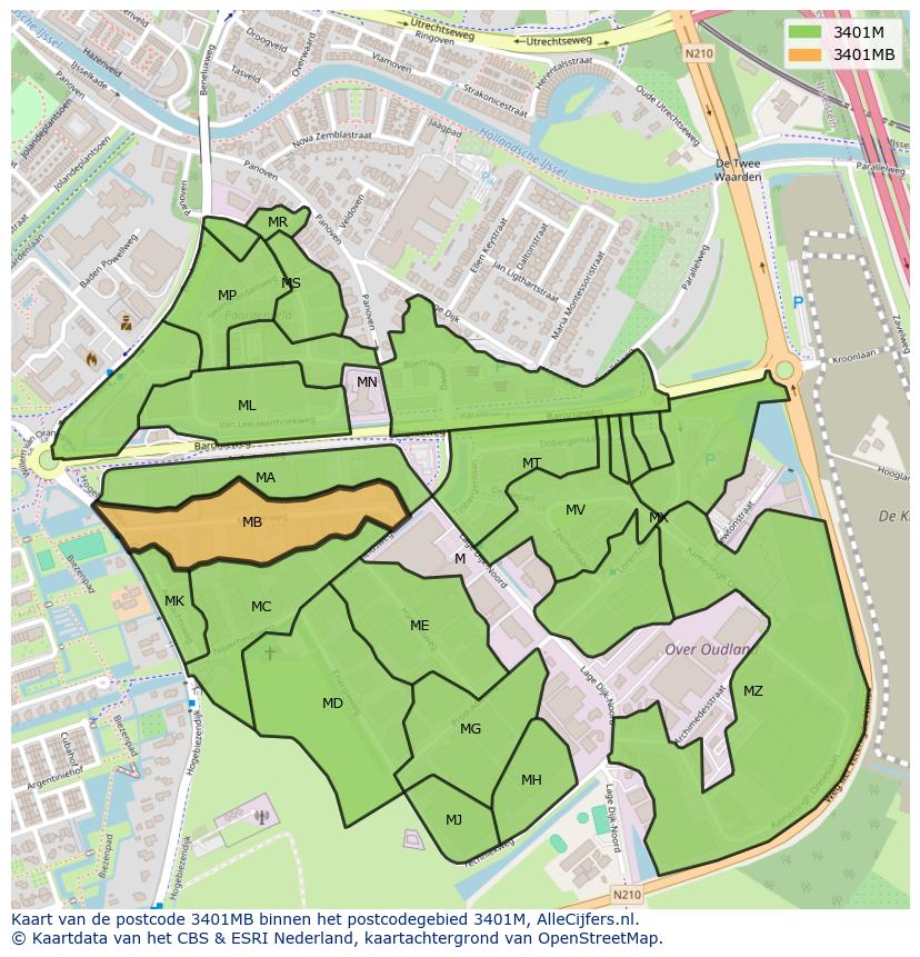 Afbeelding van het postcodegebied 3401 MB op de kaart.