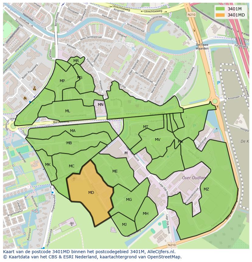 Afbeelding van het postcodegebied 3401 MD op de kaart.
