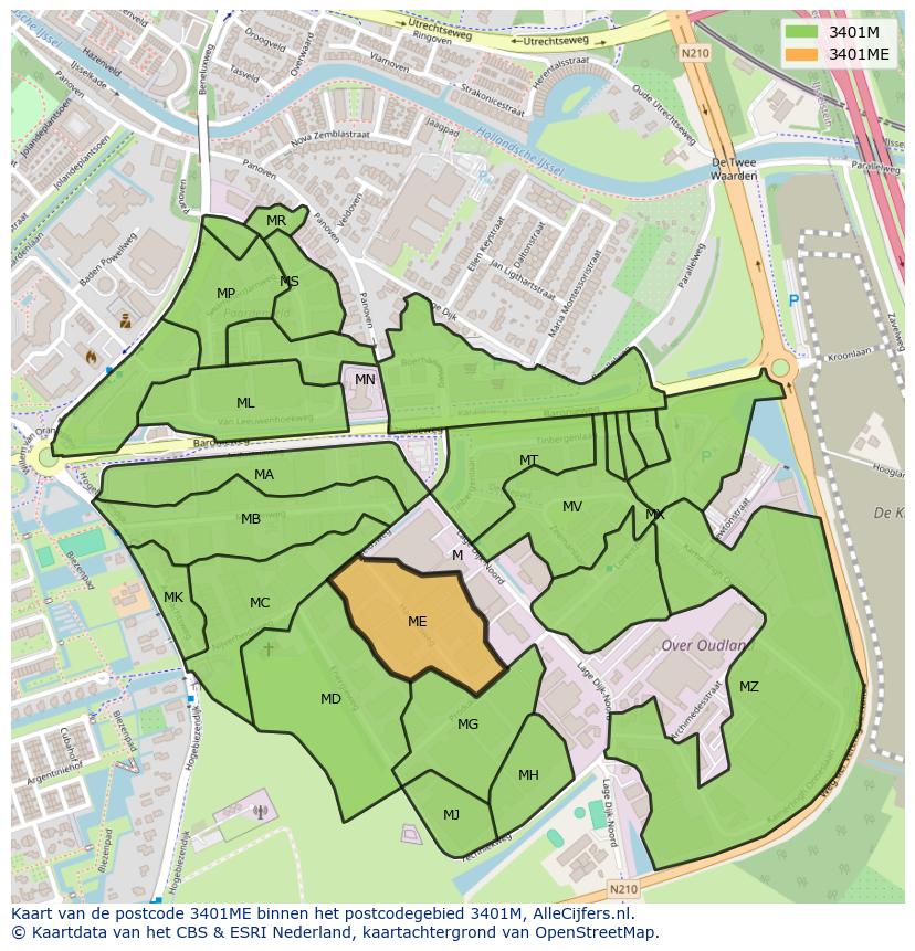 Afbeelding van het postcodegebied 3401 ME op de kaart.