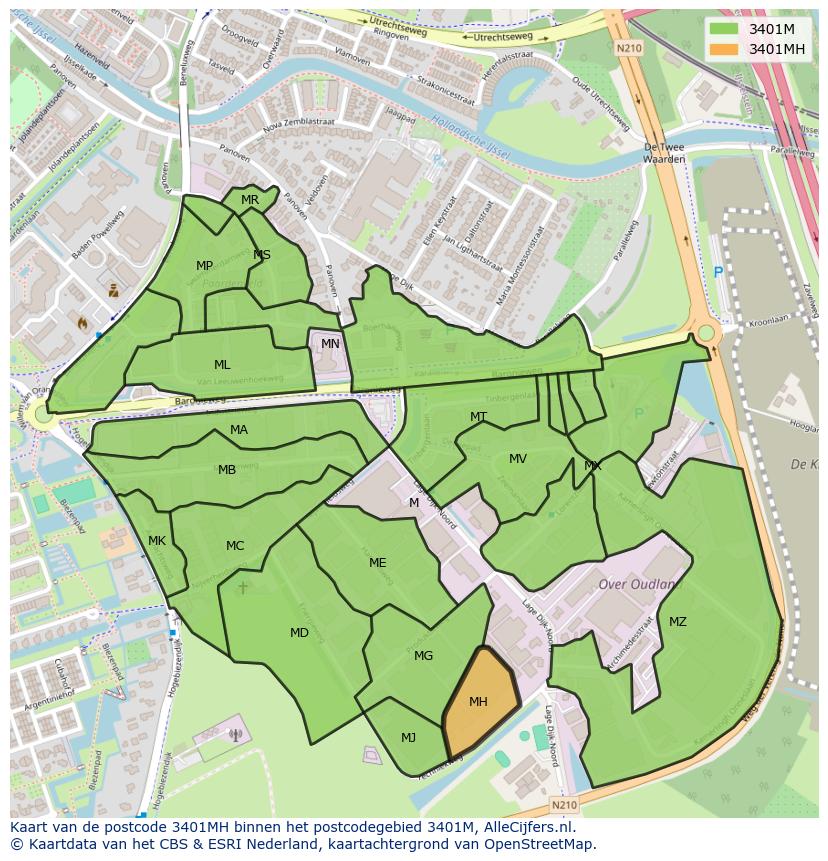 Afbeelding van het postcodegebied 3401 MH op de kaart.
