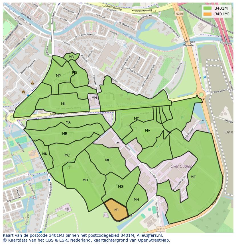 Afbeelding van het postcodegebied 3401 MJ op de kaart.