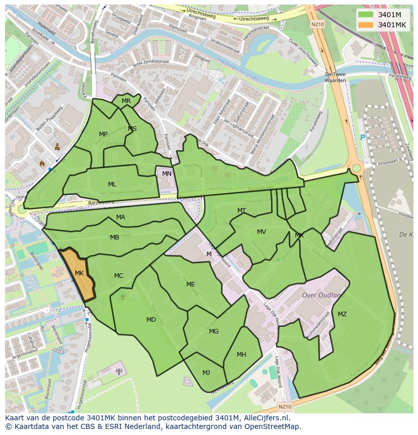 Afbeelding van het postcodegebied 3401 MK op de kaart.