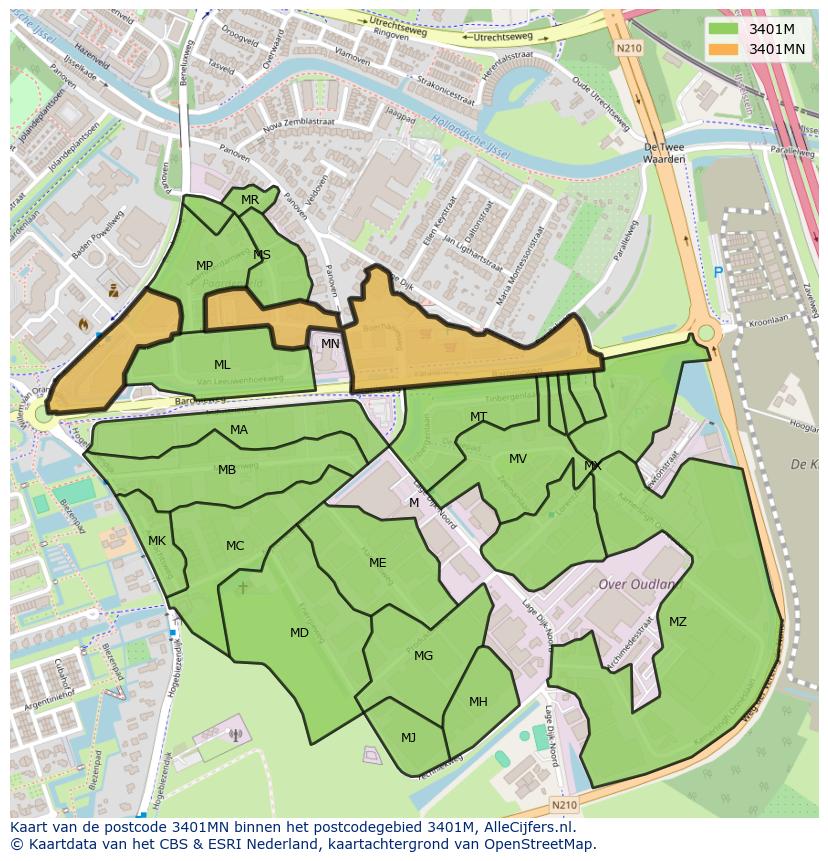 Afbeelding van het postcodegebied 3401 MN op de kaart.