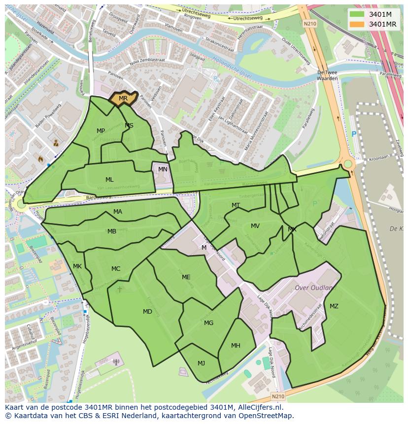 Afbeelding van het postcodegebied 3401 MR op de kaart.