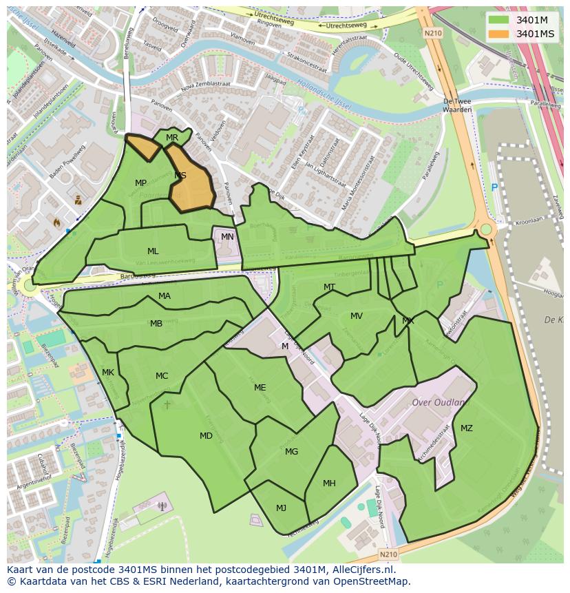 Afbeelding van het postcodegebied 3401 MS op de kaart.