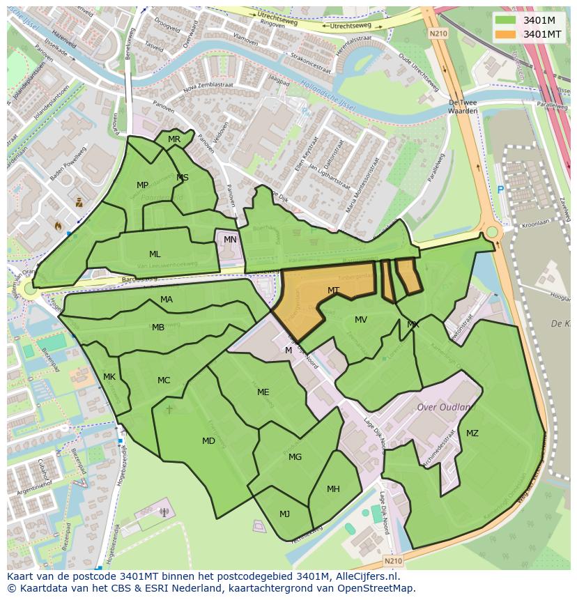 Afbeelding van het postcodegebied 3401 MT op de kaart.
