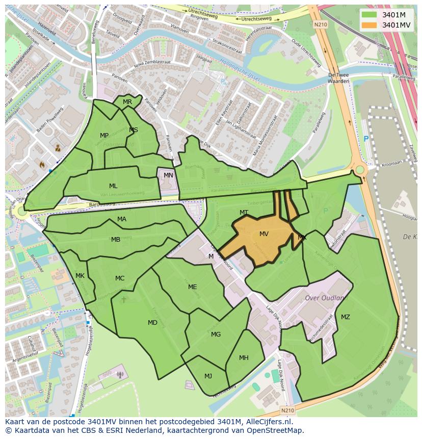 Afbeelding van het postcodegebied 3401 MV op de kaart.