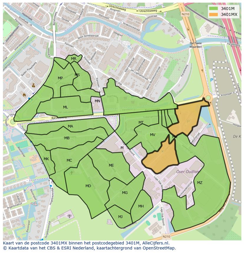 Afbeelding van het postcodegebied 3401 MX op de kaart.