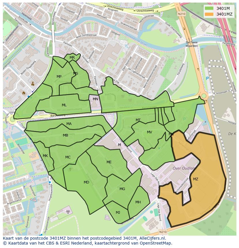 Afbeelding van het postcodegebied 3401 MZ op de kaart.