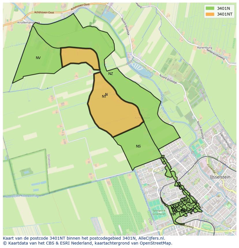 Afbeelding van het postcodegebied 3401 NT op de kaart.