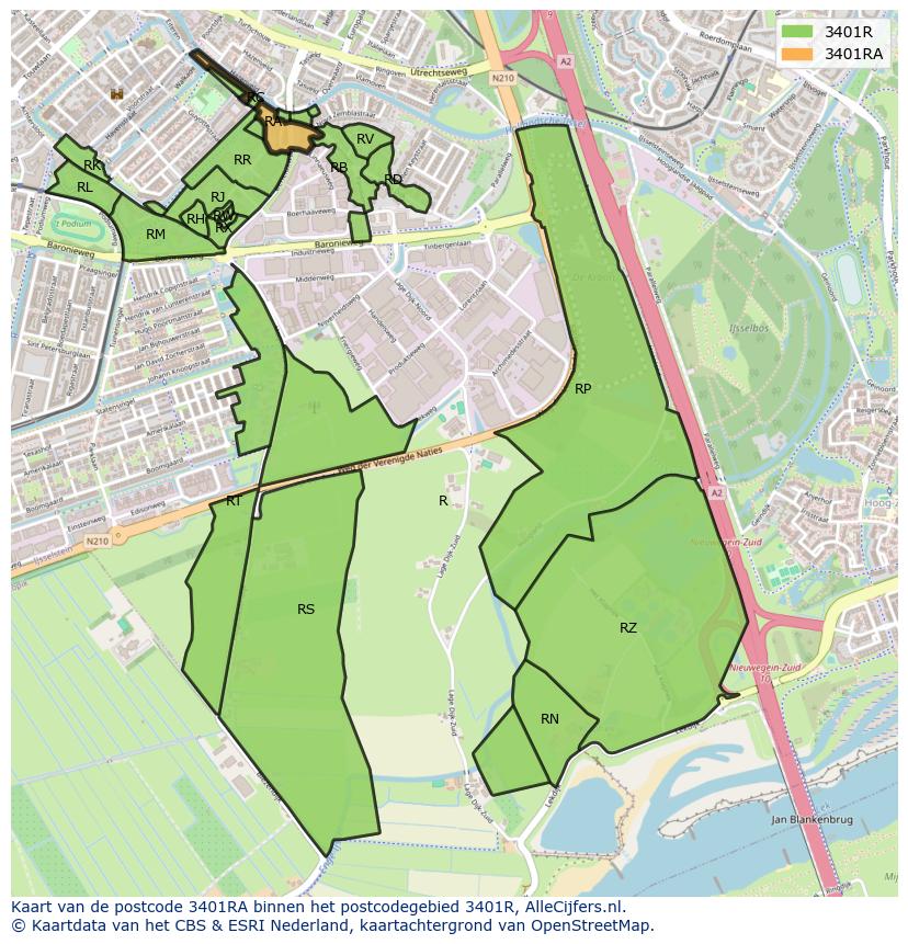 Afbeelding van het postcodegebied 3401 RA op de kaart.