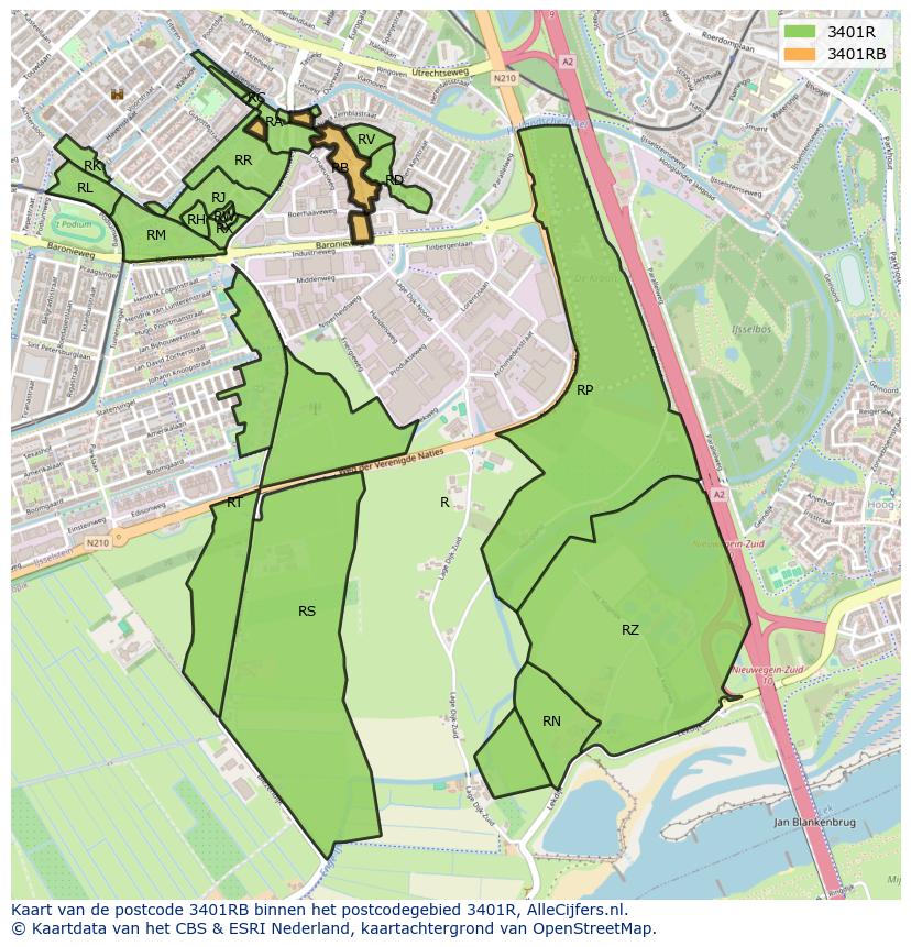 Afbeelding van het postcodegebied 3401 RB op de kaart.