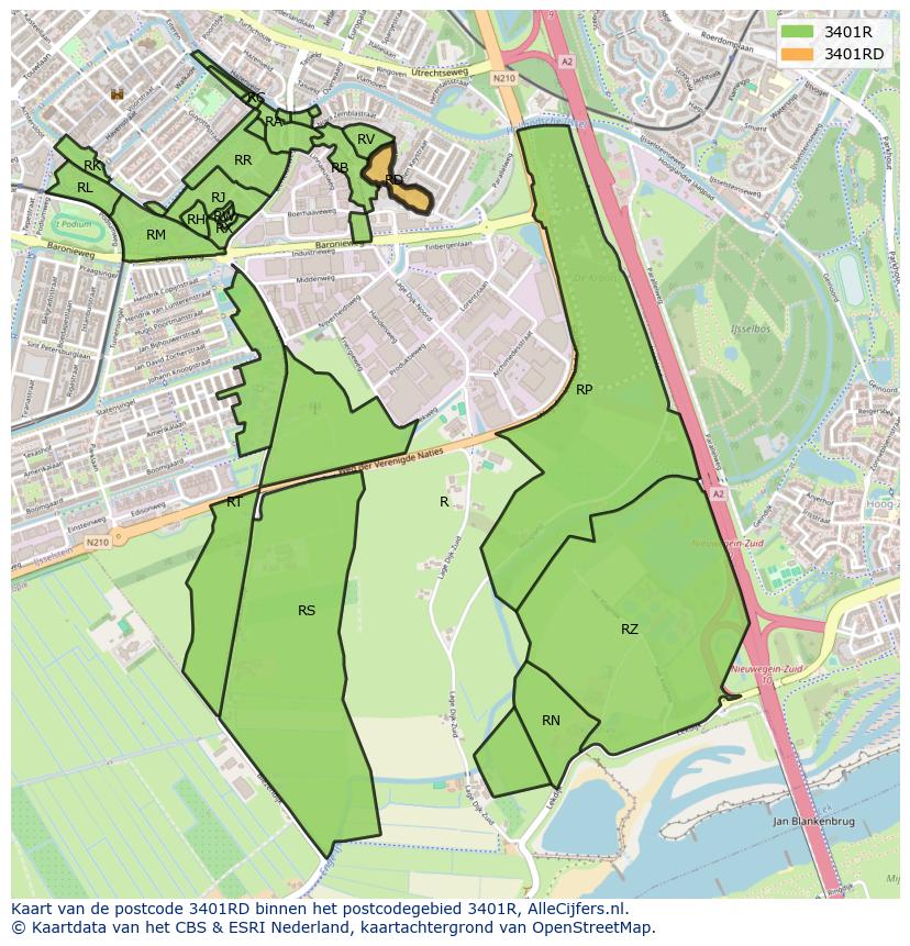 Afbeelding van het postcodegebied 3401 RD op de kaart.