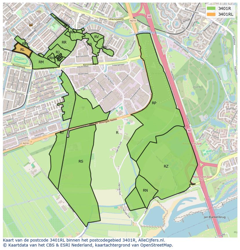 Afbeelding van het postcodegebied 3401 RL op de kaart.