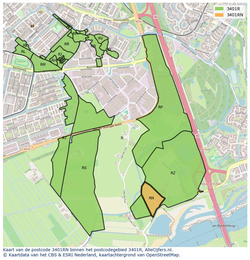 Afbeelding van het postcodegebied 3401 RN op de kaart.