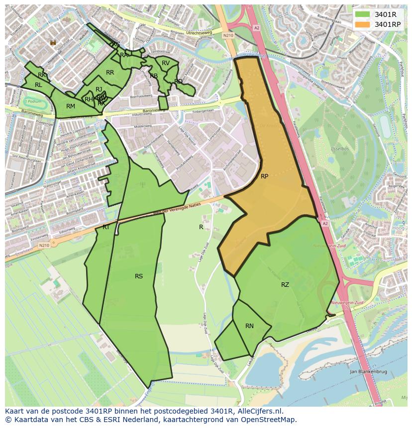 Afbeelding van het postcodegebied 3401 RP op de kaart.