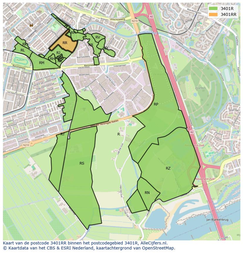 Afbeelding van het postcodegebied 3401 RR op de kaart.