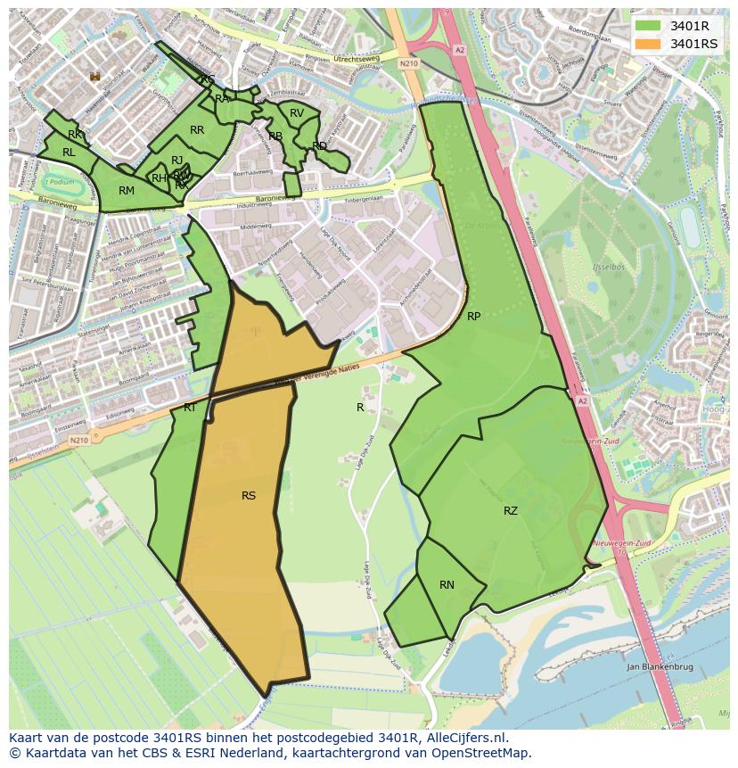 Afbeelding van het postcodegebied 3401 RS op de kaart.