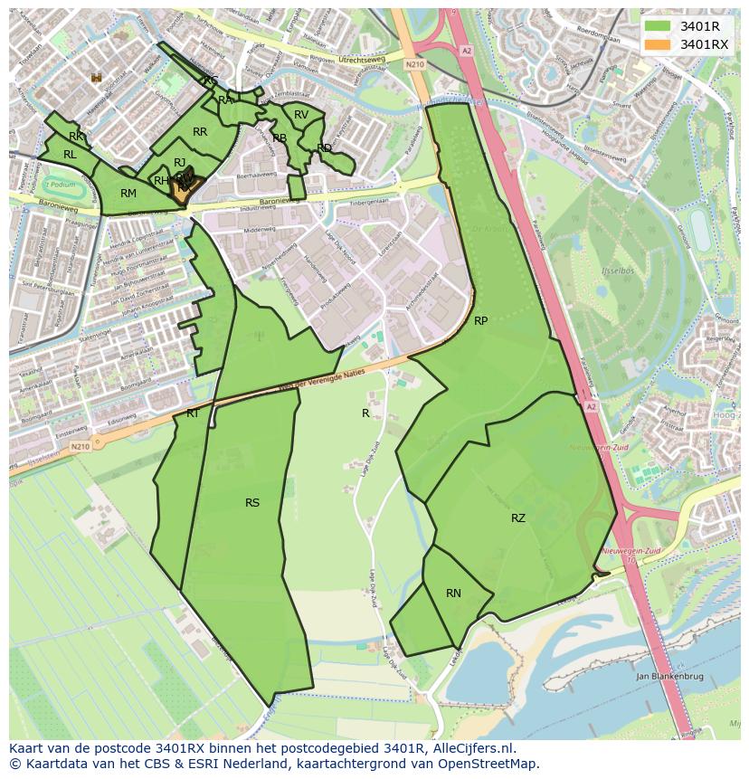 Afbeelding van het postcodegebied 3401 RX op de kaart.