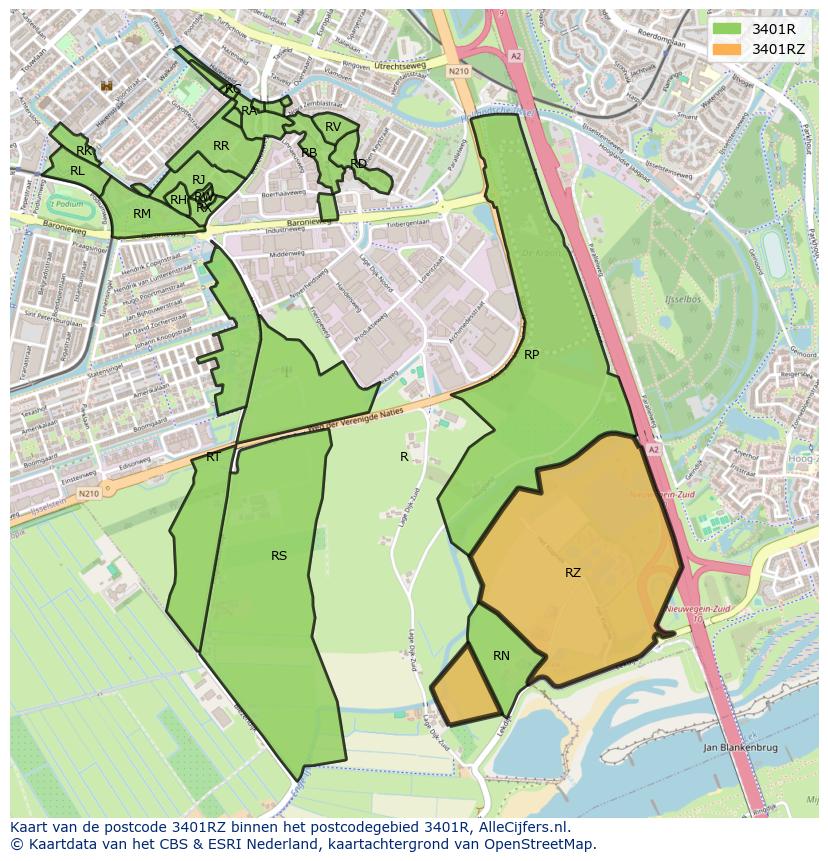 Afbeelding van het postcodegebied 3401 RZ op de kaart.