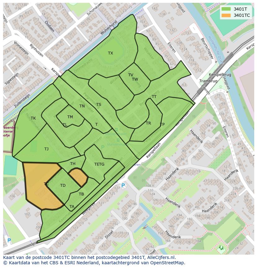 Afbeelding van het postcodegebied 3401 TC op de kaart.