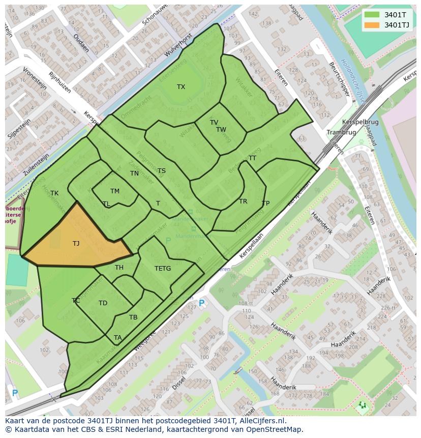 Afbeelding van het postcodegebied 3401 TJ op de kaart.