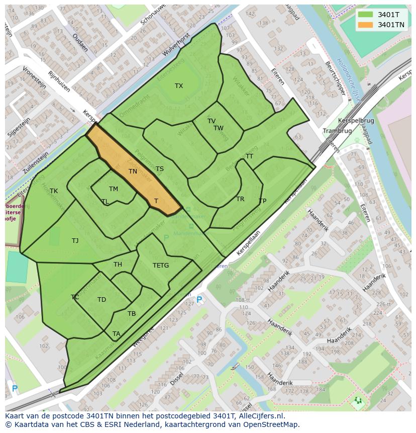 Afbeelding van het postcodegebied 3401 TN op de kaart.