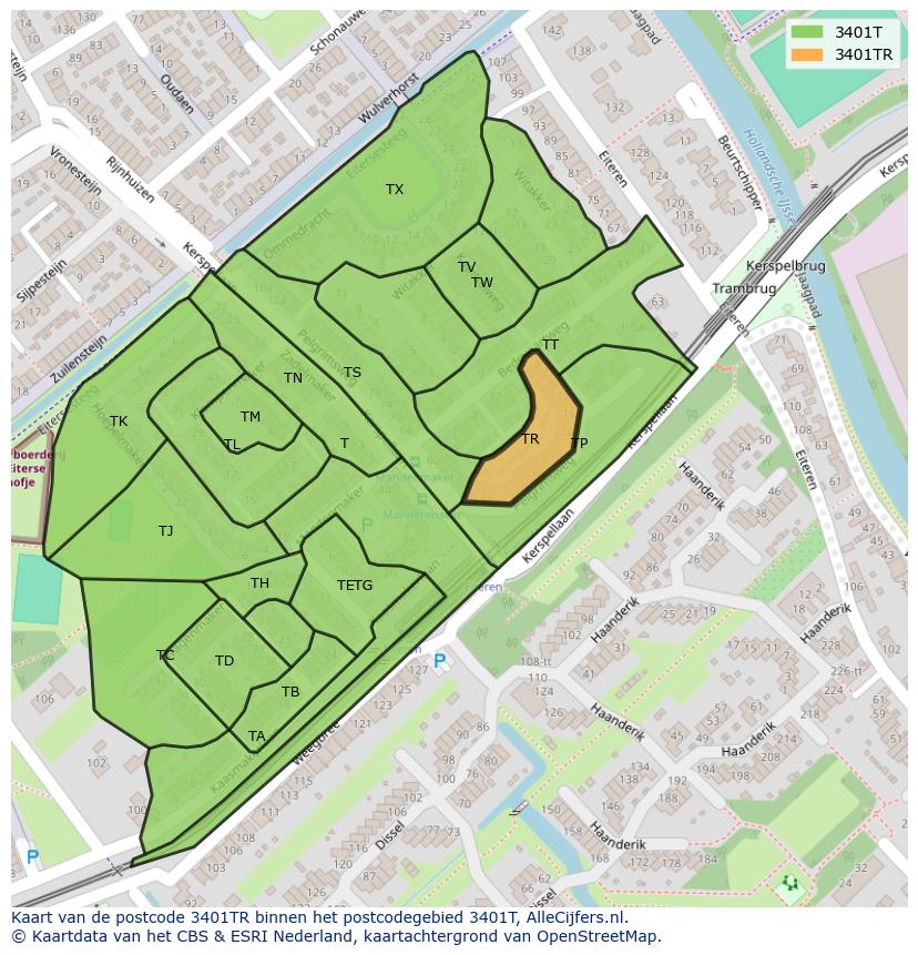 Afbeelding van het postcodegebied 3401 TR op de kaart.