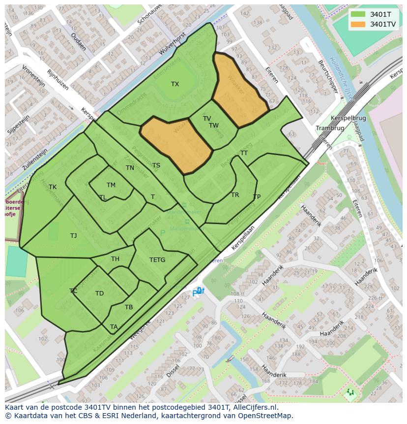 Afbeelding van het postcodegebied 3401 TV op de kaart.