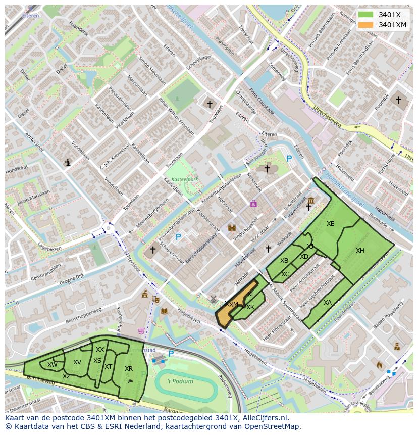 Afbeelding van het postcodegebied 3401 XM op de kaart.