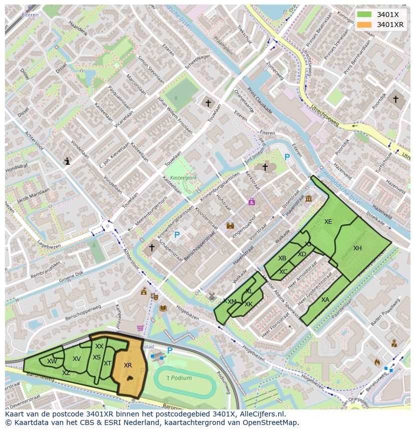 Afbeelding van het postcodegebied 3401 XR op de kaart.