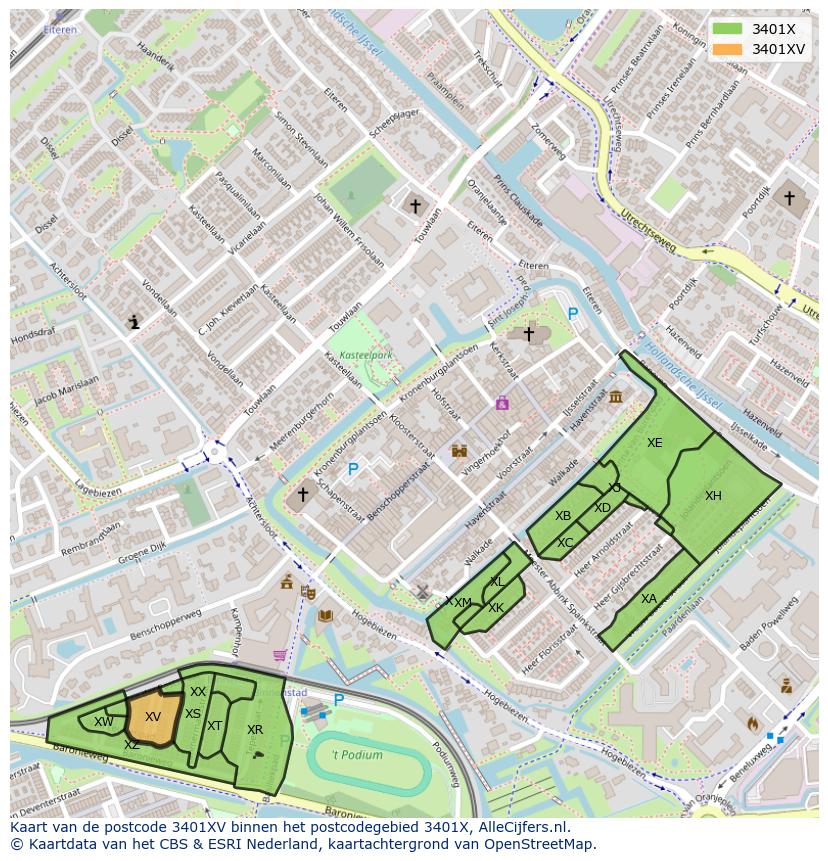 Afbeelding van het postcodegebied 3401 XV op de kaart.