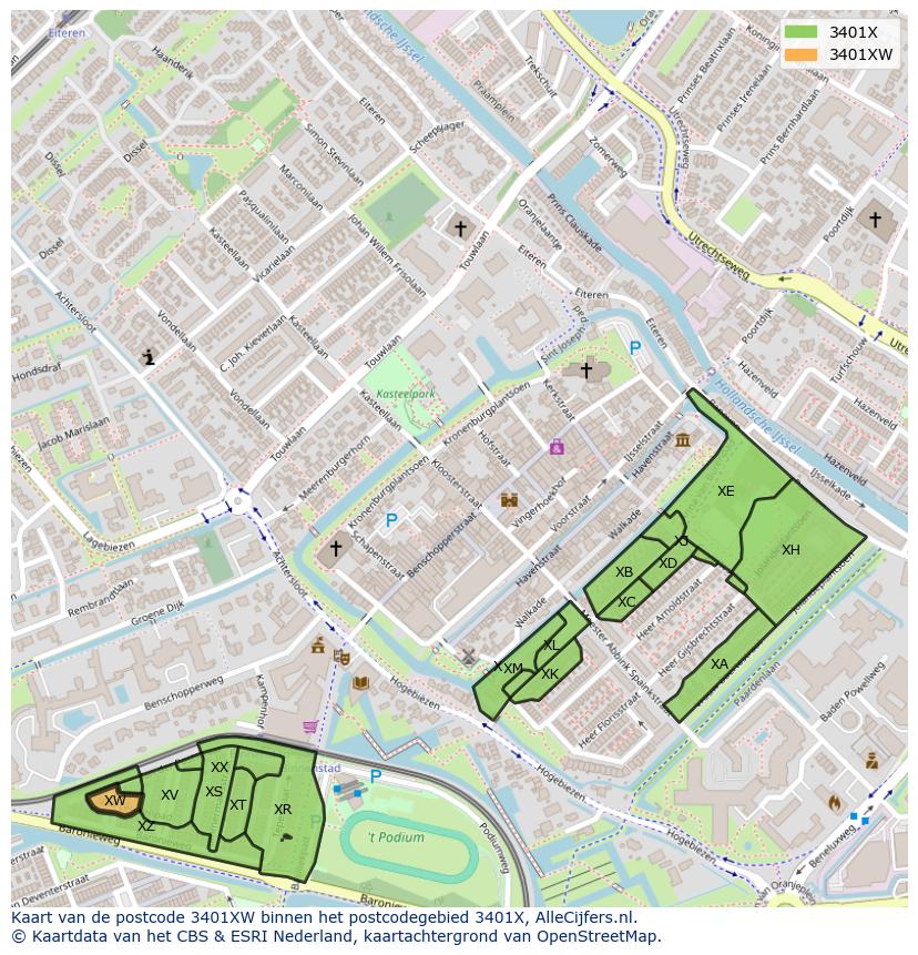 Afbeelding van het postcodegebied 3401 XW op de kaart.