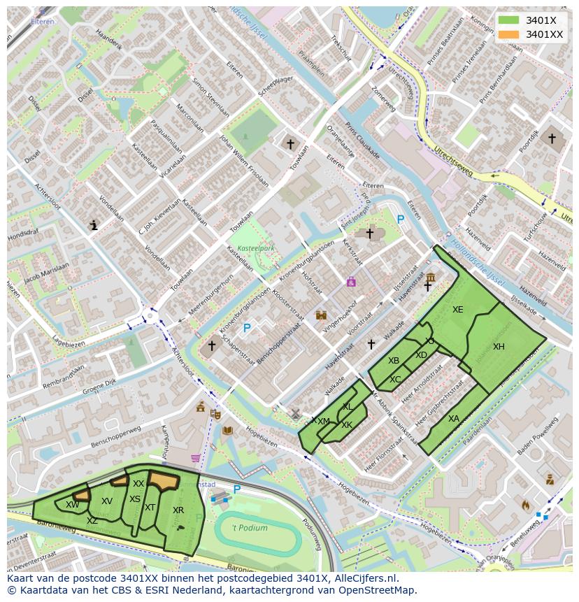 Afbeelding van het postcodegebied 3401 XX op de kaart.