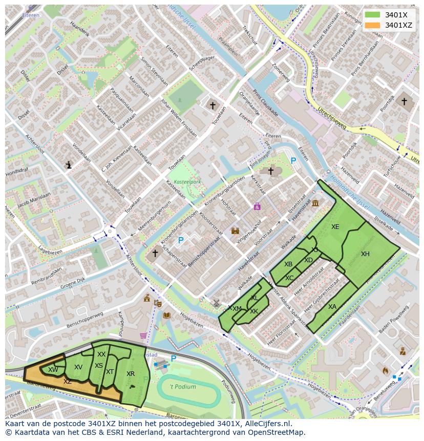 Afbeelding van het postcodegebied 3401 XZ op de kaart.