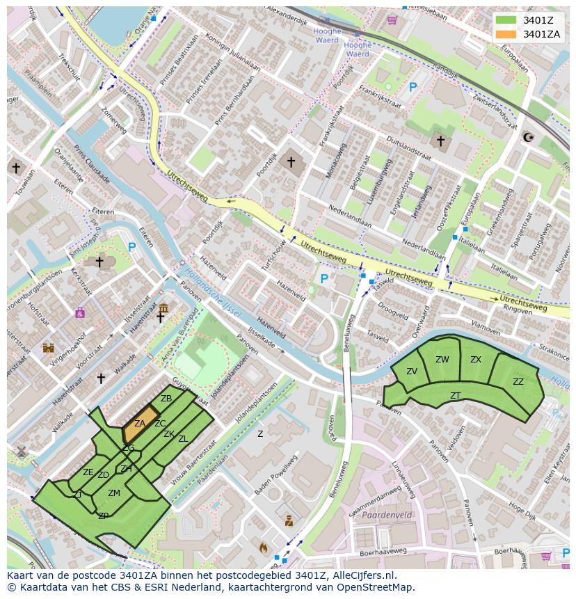 Afbeelding van het postcodegebied 3401 ZA op de kaart.