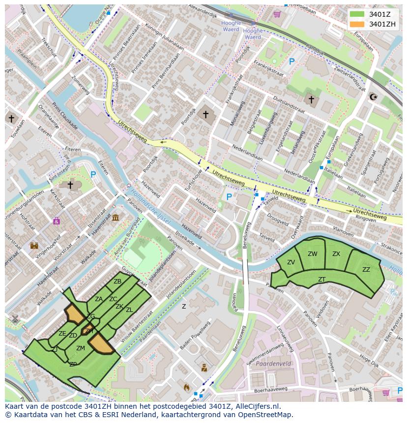 Afbeelding van het postcodegebied 3401 ZH op de kaart.