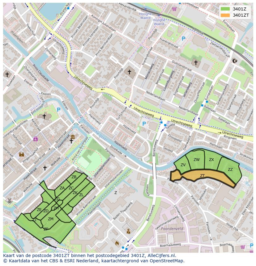 Afbeelding van het postcodegebied 3401 ZT op de kaart.