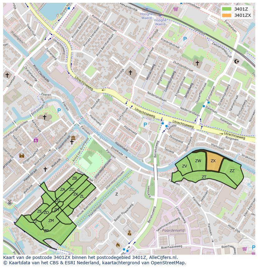 Afbeelding van het postcodegebied 3401 ZX op de kaart.