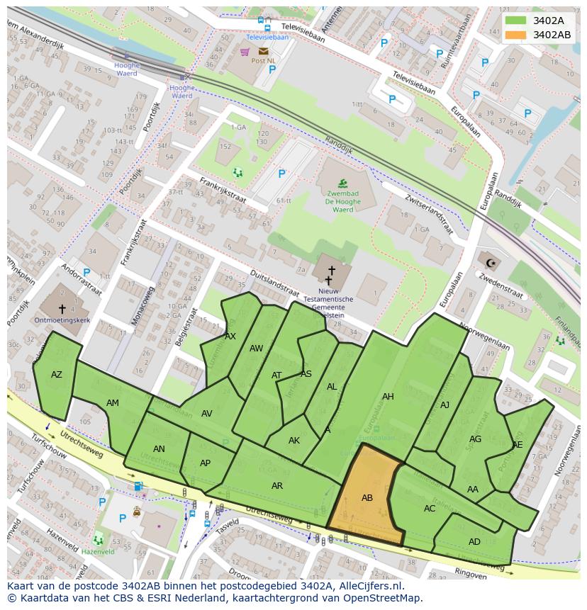 Afbeelding van het postcodegebied 3402 AB op de kaart.